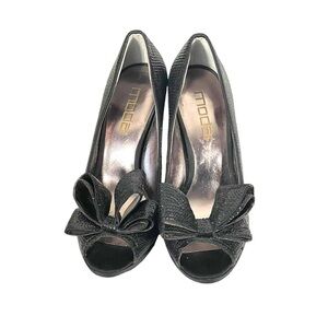 Moda Spana Black Sparkle Bow Accent Open Toe Stiletto Pump Heel SZ 9